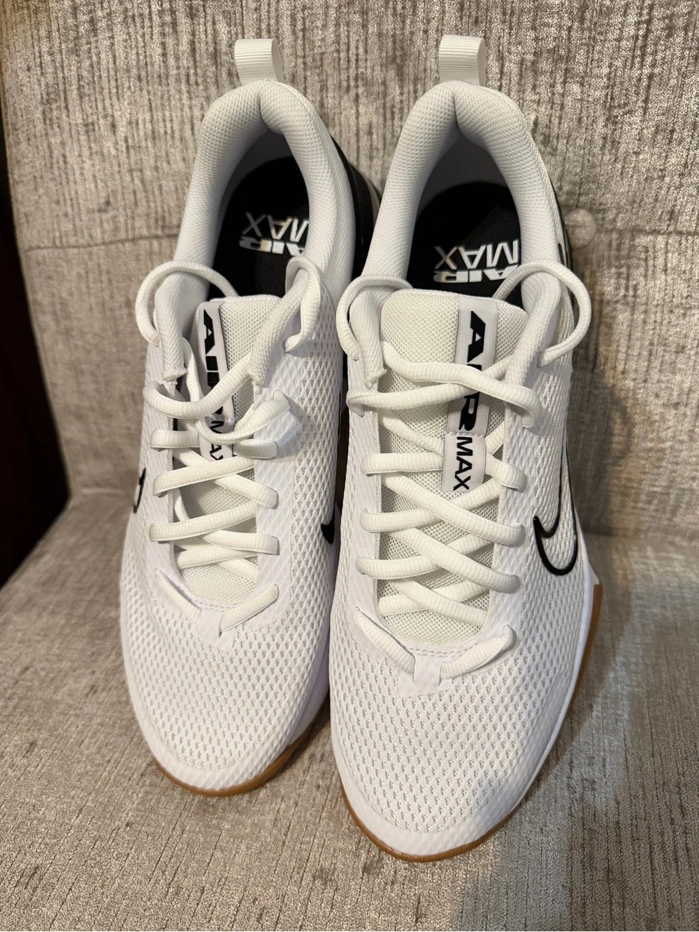 New Men's Nike Air Max White Sneakers with Black Swoosh and Gum Trim
